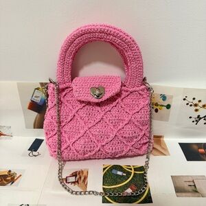 Handmade Pink Crochet Handbag with Silver Chain Strap Crossbody Bag